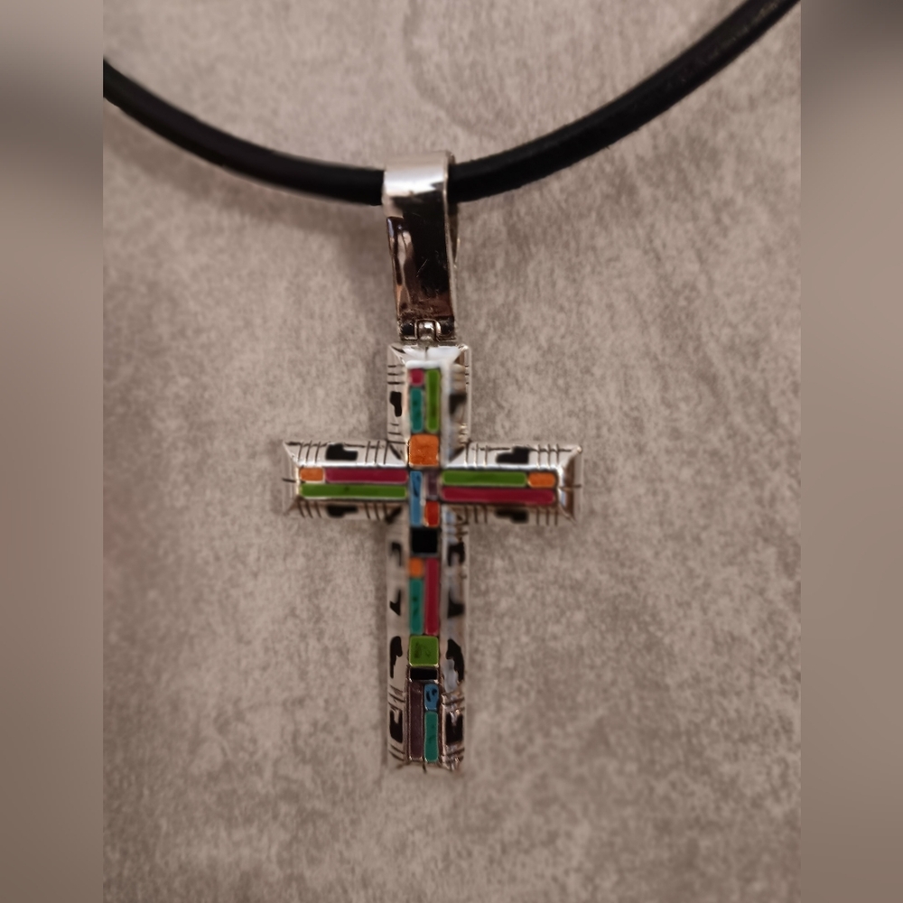 Multicolor Cross Pendant Necklace w/black cord included changeable length